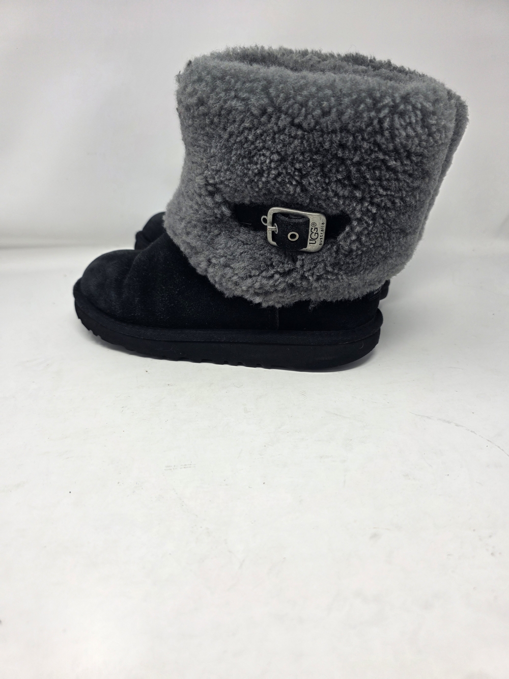 UGG Australia Black Suede & Grey Curly Sheepskin Cuff Boot Buckle Size 4